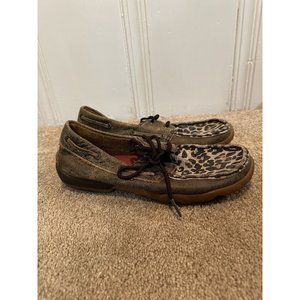 Twisted X Leopard Print Driving Moc Boat Shoes Brown Leather WDM0057 Women’s 7.5